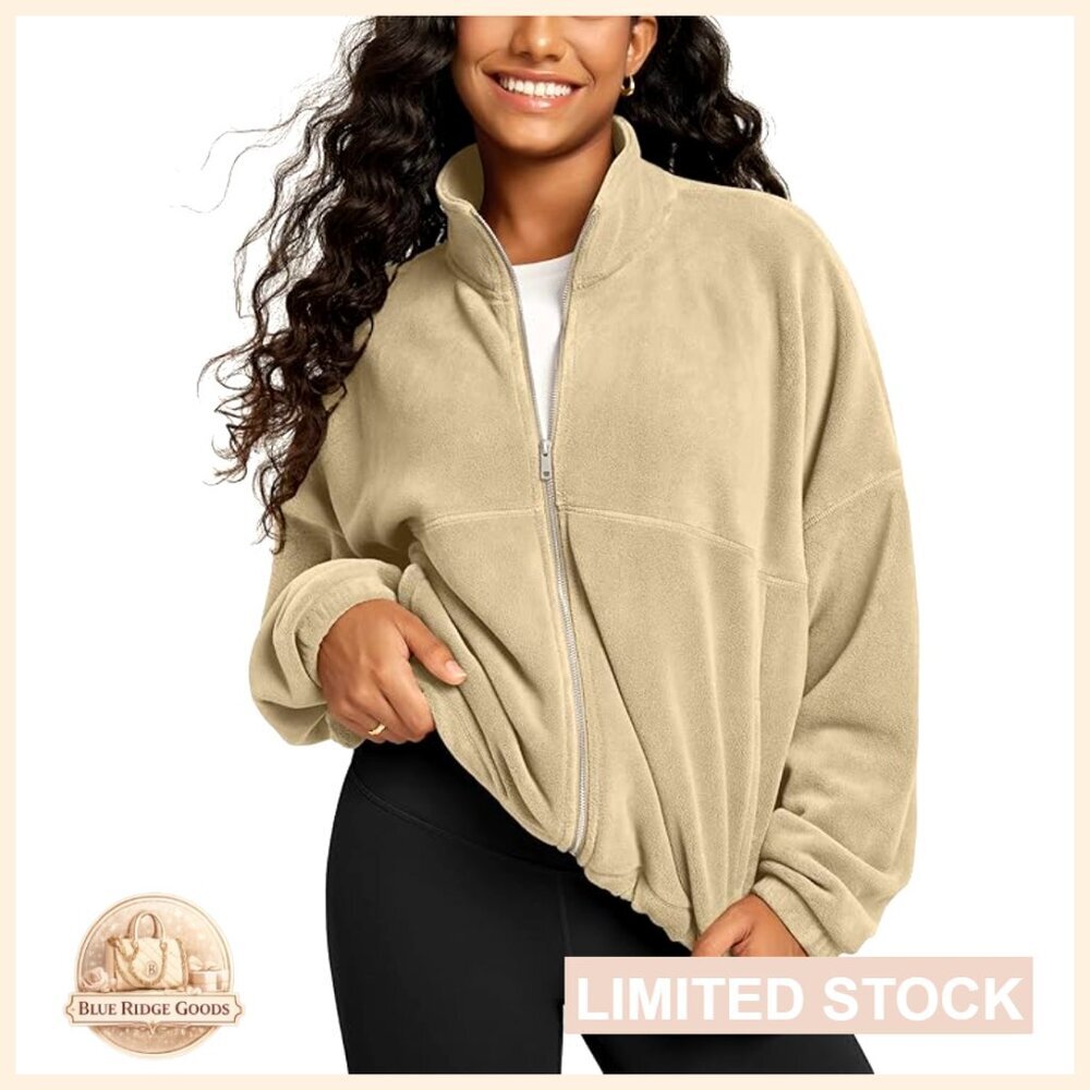 Polar Fleece Full Zip Jacket Cinchable Hem Oversized Cozy Winter Layering